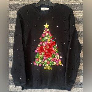 Christopher Radko Gold Star Collection Christmas Tree Black Sweater Small EUC